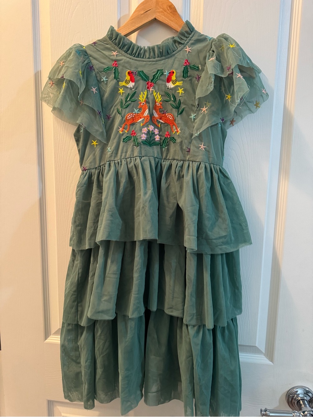 Girls' Green Tiered Ruffle Dress with Embroidered Motif 9T